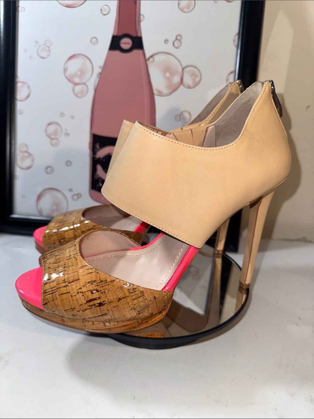 Vince Camuto Canaday Beige and Hot Pink Cork Platform Stiletto Heels - Size 10
